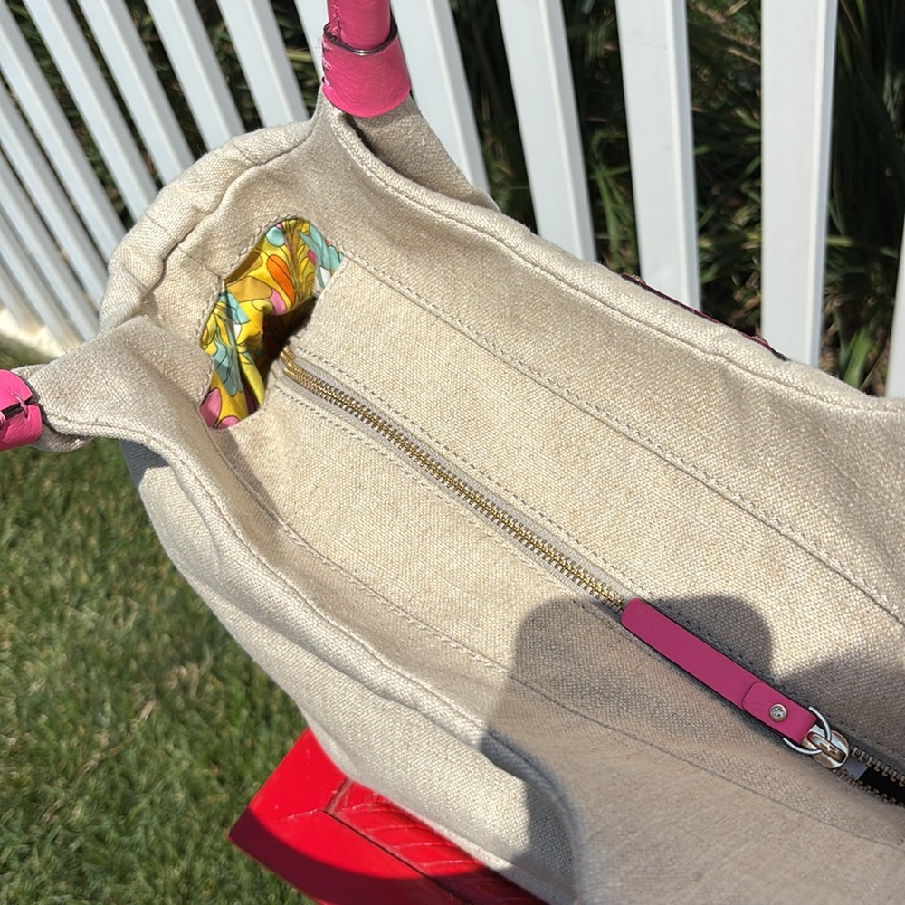 Kate Spade Linen and Hot Pink Satchel, 16” x 9” x 7”, Clean - Picture 5 of 8